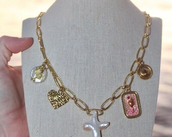 24K Gold Plated Costal Freshwater Pearl Cross Charm Necklace