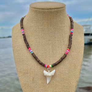 Coconut Bead x Polymer Clay Heishi Beaded Shark Tooth Necklae