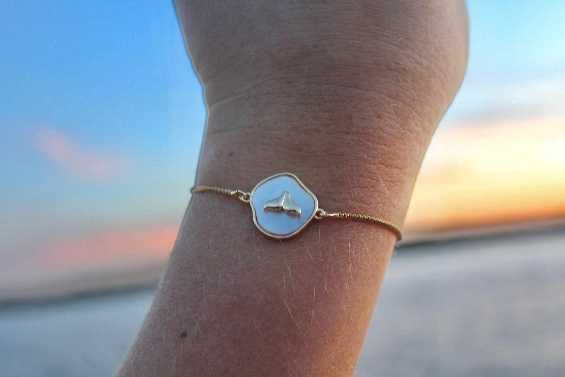 Gold Plated Whale Tail Natural Shell Tennis Bracelet