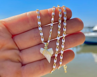 14K Gold Plated White Shark Tooth Necklace