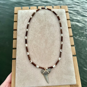 Coconut Bead x Polymer Clay Heishi Beaded Shark Tooth Necklae