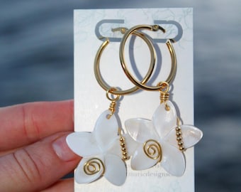 Gold Stainless Steel Shell Flower Earrings / Hibiscus Earrings / Plumeria Earrings