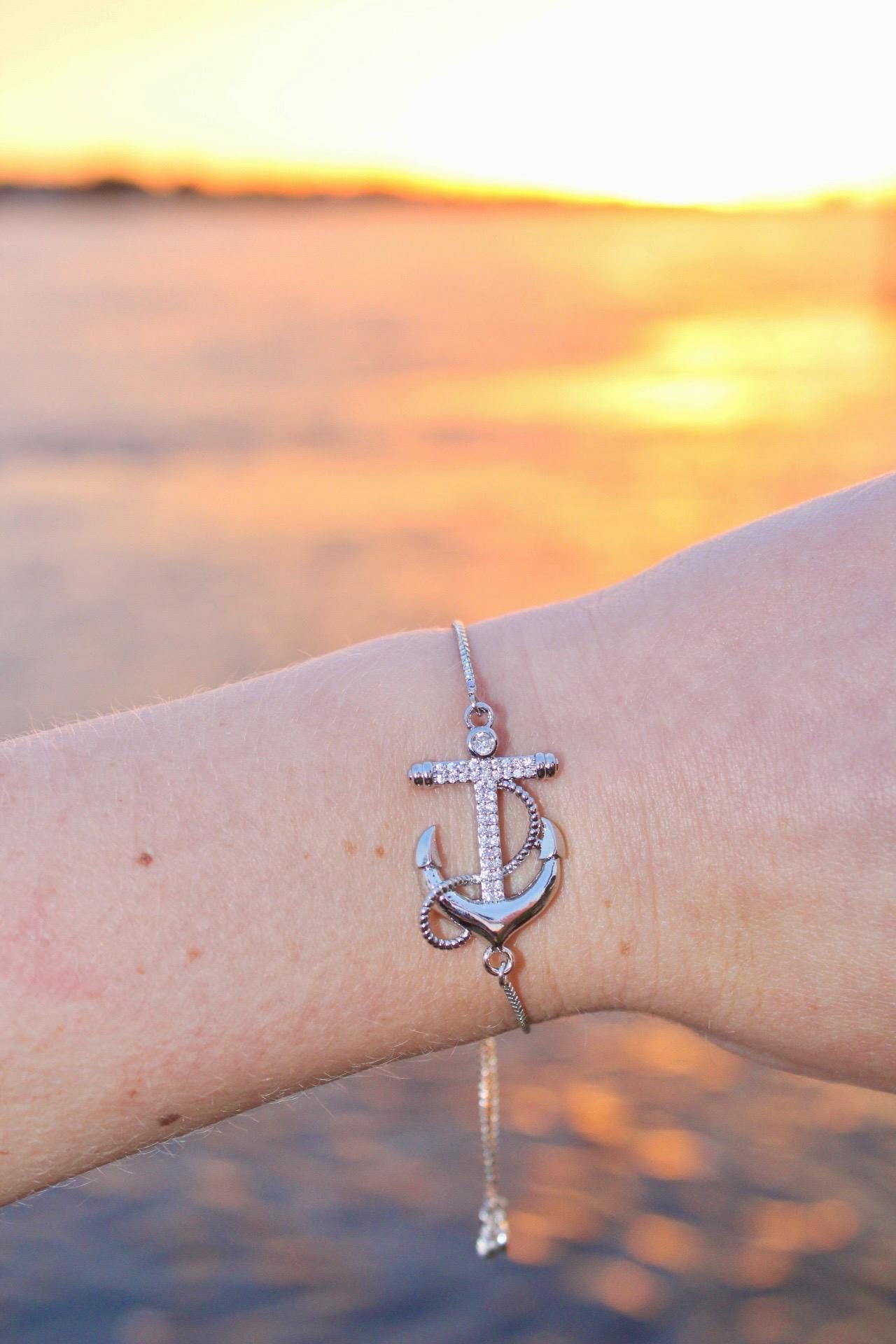 Silver Plated Anchor Tennis Bracelet / Adjustable Box Chain