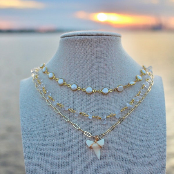 14K Gold Plated Authentic Sharks Tooth Necklace / White Shark Tooth / Mako Shark tooth necklace / paperclip chain shark tooth necklace