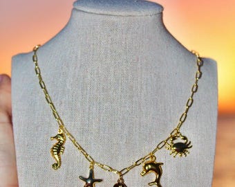 14K Gold Plated Beachy Charm Necklace / Summer Charm Necklace / Beach Charm Necklace