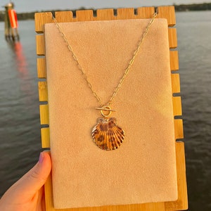 May include: A gold chain necklace with a seashell pendant. The necklace is displayed on a wooden stand against a blurred background of water.