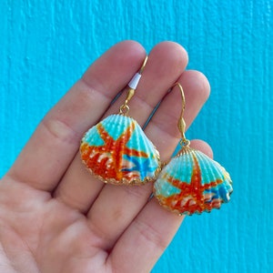 18K Gold Plated Starfish Painted Sea Shell Earrings