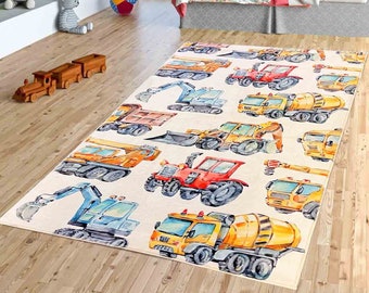 Work Machines Trucks Dozers Ultra Soft Nursery Kids Rug , Pillow Case Gift, Nursery Decor, Colorful Kids Carpet