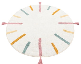 Scandinavian Striped Tufted Round Ultra Soft Kids Rug Washable Natural Cotton Baby Rug with Non-Slip Backing, Nursery Decor,120cm Diamemeter