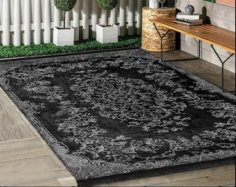 Turkish Vintage Black Rug Kilim; Stain and Dust Resistant Black Carpet; 4x6 6x10 3x5 5x8 Black Fringed Rug; Large Size Black Living Room Rug