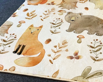 Woodland Animal Ultra Soft Kids Rug, Watercolor fall forest design,Deer,fox,squirrel,hare,hedgehog,floral texture ,PILLOW CASE GIFT