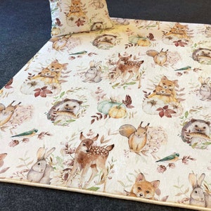 Woodland Animal Ultra Soft Kids Rug, Watercolor fall forest design,Deer,fox,squirrel,hare,hedgehog,floral texture ,PILLOW CASE GIFT