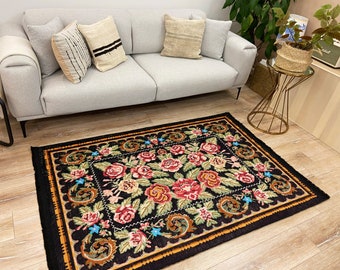 Karabag Floral Soft Rug Kilim, 6x10 3x5 5x8 Fringed Rug, PILLOW CASE GIFT, Washable Rug, Green Floral Living Room Rug, Non-Slip Rug