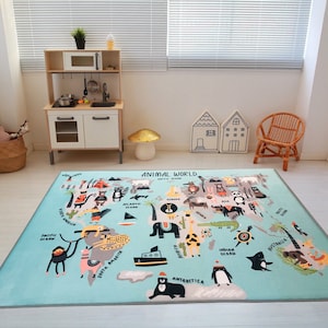 Animal World Map Ultra Soft Kids Rug, Pillow Case Gift, Nursery Rug, Animal Figured Rug For Kids Room, Gift For Kids Rug, Animal Map Rug