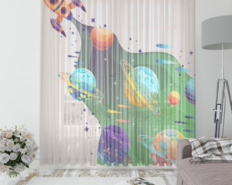 Rocket and Planets Kids Tulle Curtain,Net Curtain,Nursery Curtain,Window Tulle,Washable Curtain,Ironable Curtain,Baby Room Tulle Curtain