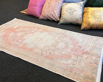 Turkish Floral Soft Rug, 6x10 3x5 5x8 Fringed Rug, PILLOW CASE GIFT, Washable Rug, Beige Pink Floral Living Room Rug, Non-Slip Rug