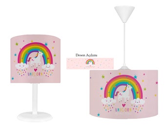 Set di illuminazione per la cameretta dei bambini con unicorno arcobaleno, paralume e lampadario da soffitto per la cameretta delle ragazze, set coordinato con lampadario e lampada, federa per cuscino regalo