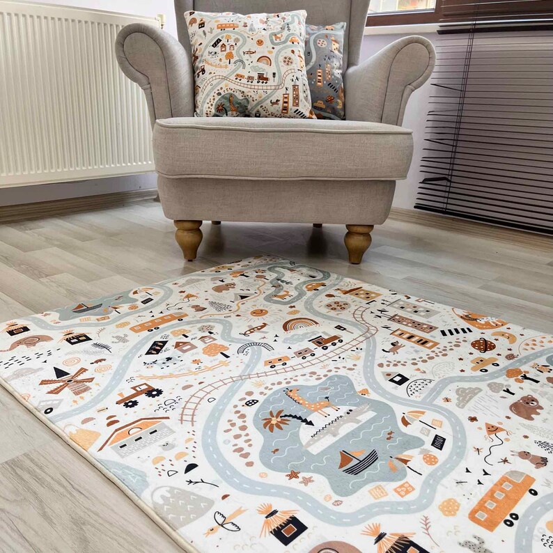 City Road Playground Ultra Soft Nursery Kids Rug , Pillow Case Gift, Kids Area Rug, Nursery Decor, Play Rug, Metropolis Play Rug Cream