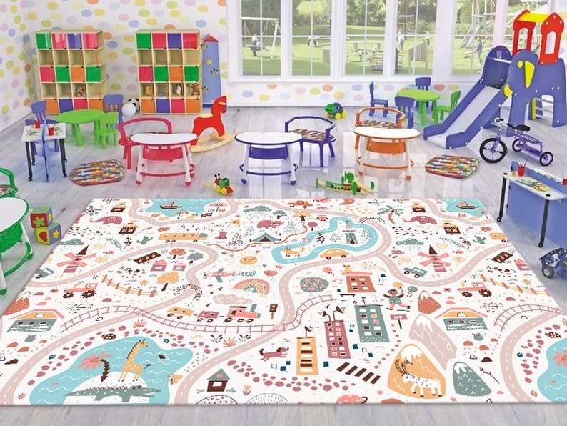 City Road Playground Ultra Soft Nursery Kids Rug , Pillow Case Gift, Kids Area Rug, Nursery Decor, Play Rug, Metropolis Play Rug image 1