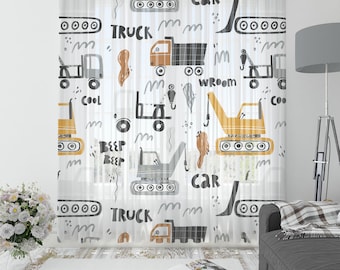 Kids Dozer Truck Tulle Curtain,Net Curtain,Nursery Curtain,Window Tulle,Washable Curtain,Ironable Curtain,Baby Room Tulle Curtain