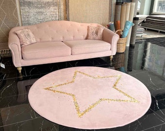 Ultra Soft Pink Kids Rug with Gold Star, Star Soft Kids Rug, Pillow Case Gift, Kids Area Rug, Rectangular and Round Kids Rug, Washable Rug
