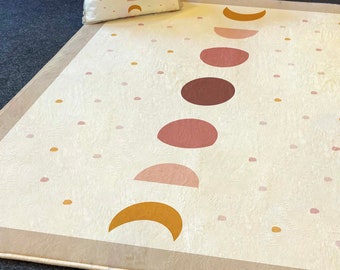 Mond Boho Teppich, Handgeknüpfter Teppich für Kinderzimmer, Kinderteppich, Kissenbezug, rutschfester Teppich für Kinderzimmer