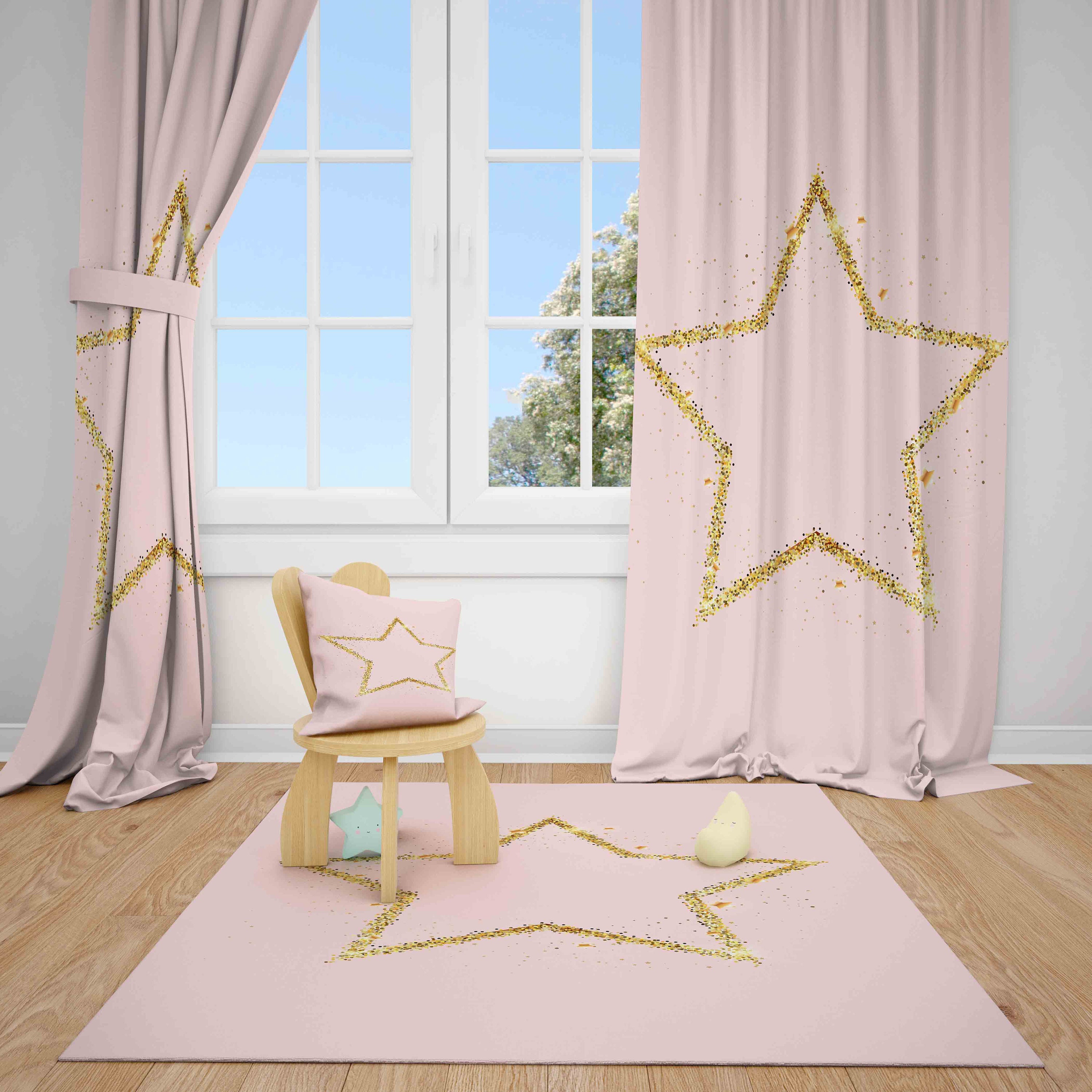 Home & Living Kids Curtain,Gray Star White Curtain,Nursery Curtain,Eyelets Curtain,Ring Curtain