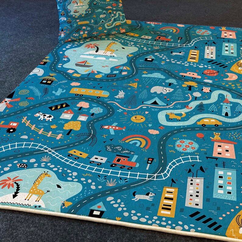 City Road Playground Ultra Soft Nursery Kids Rug , Pillow Case Gift, Kids Area Rug, Nursery Decor, Play Rug, Metropolis Play Rug Blue