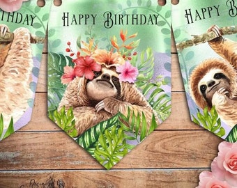 Sloth birthday bunting, sloth party punting , floral party bunting , animal birthday bunting ,sloth garland