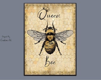 Bee print, bumble bee picture , vintage bee print, typography print, vintage animal print , a4 picture, Unframed print