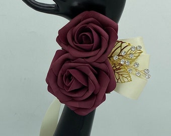 Customized Burgundy Corsage l Mens Formal wear Boutonniere, Real Touch roses l Prom, Wedding, Flower Pin, Groom, Groomsmen Lapel