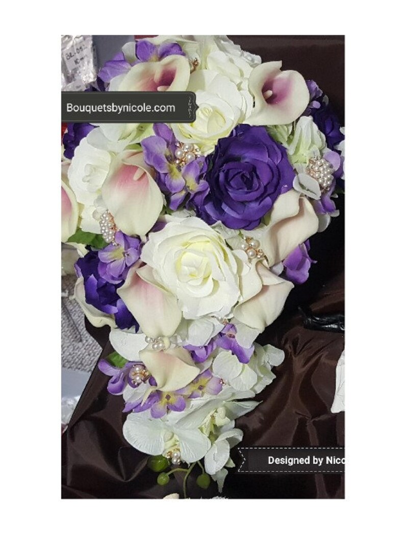 Wedding Silk Roses Real Touch Calla Lilies Brooch Bouquet Cascade Waterfall