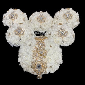 6pcs. Bouquet Package l Made to Order Ivory l Real Touch Rose Brooch Bridal Bouquet l Bridesmaids l Wedding Flowers l Quinceanera