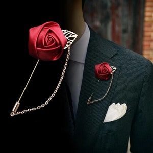 Mens Formal wear Prom Boutonniere, Lapel Leaf Chain Pin, Satin rose Lapel Pin l Groom Boutonniere l Wedding l Groomsmen l Gold l Silver