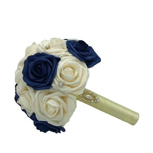 Handmade Navy l Dark Ivory l Real Touch Rose Brooch Bridal Bouquet l Gold l Silver l Rose Gold l Bridesmaids l Wedding Flowers l Quinceanera