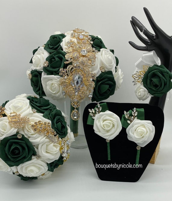 8" Handmade Silk Rose Flowers Crystal Brooch Bridal Wedding Bouquet Silver White 