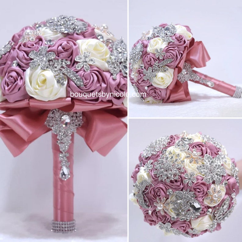 Made to order l Dusty Rose l Mauve l Satin Rose Brooch Bouquet l Bridesmaids l Bride l Bridal Wedding Flowers l Pearls l Rhinestones