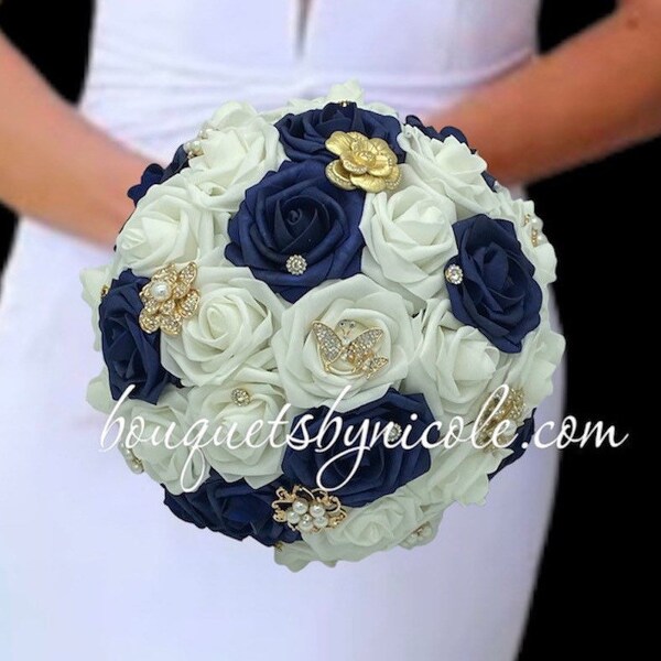 Handmade Made to Order Navy Blue l White l Real Touch Rose Brooch Bridal Bouquet l Bridesmaids l Wedding Flowers l Quinceanera