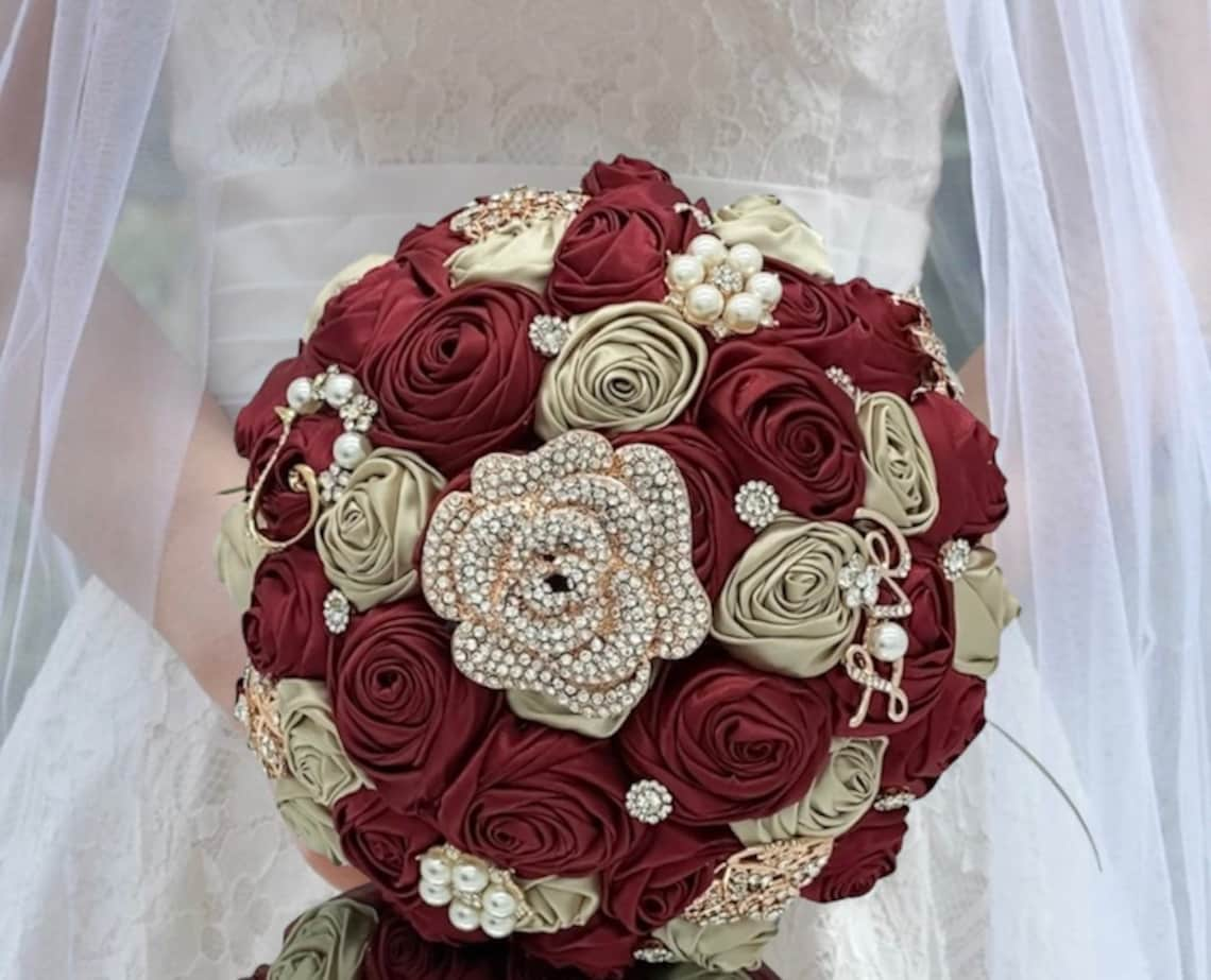 Gold & Burgundy Gold Handmade Satin Rose Brooch Bouquet l image 1