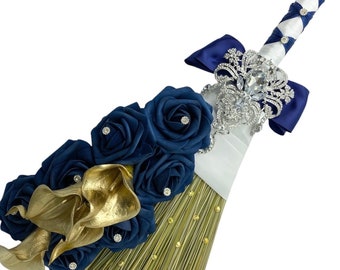 Customized Wedding Jumping broom l Navy Blue Roses Gold Calla Lillies l Traditional Wedding Broom African Heritage Decorated bling Broom