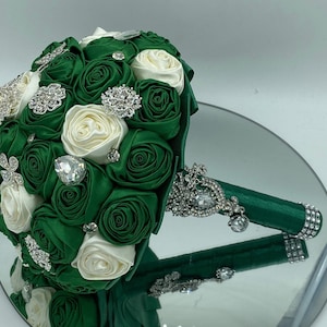 Handmade Dark Green l Ivory l Satin Rose Brooch Bouquet l Wedding flowers l bridal bouquet l Bridesmaids bouquets l Wedding bouquet