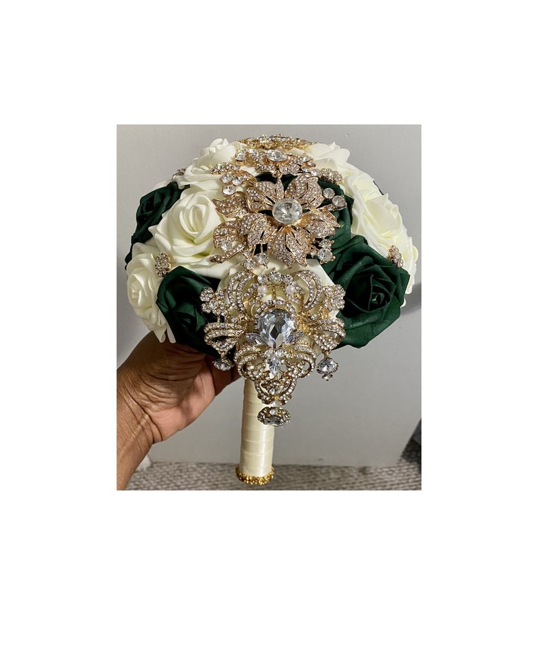 Emerald Green L Ivory Bouquet L Real Touch Rose Brooch Bridal Etsy