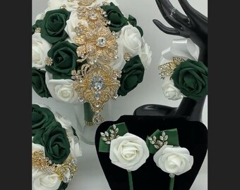 Emerald Green l Ivory Brooch Bridal Bouquet l Wedding l Quinceanera bouquet l Boutonniere, Leaf Chain Pin, Lapel l Corsage l Wedding Broom