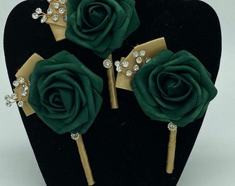 Gold l Emerald Green Customized Men’s Formal wear Boutonniere, Lapel Pin, Real Touch rose Lapel Pin, Groom Wedding Flower l Groom