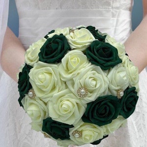 Made to Order Emerald l Ivory l Real Touch Rose Brooch Bridal Bouquet l Bridesmaids l Boutonniere l Corsage l Wedding Flowers l Quinceanera