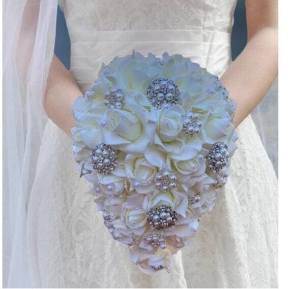 Real Touch Roses Brooch Bouquet Bridal Bridesmaids Waterfall 