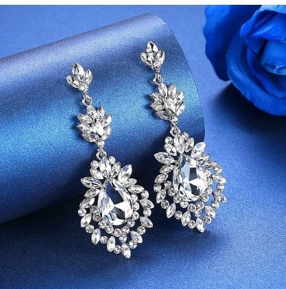 Luxury Rhinestone Earrings l Crystal Hanging Wedding l Silver | Etsy
