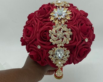 Made to Order Bouquet l  Red l Real Touch Rose Brooch Bridal Bouquet l Bridesmaids l Wedding Flowers l Quinceanera bouquet l Wedding broom