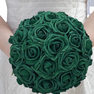 BM-009 ~ Dark Green & Ivory Satin Roses Budget Brooch Bouquet or
