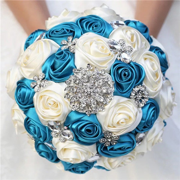 Teal Turquoise Rose Brooch Bridal Bouquet l Bridesmaids Bouquet l Wedding flowers l Quinceanera bouquet l Boutonniere l Lapel pin l Corsage